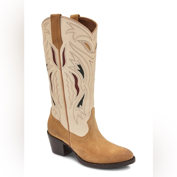 Frye Tan and Cream Western Shelby Deco Stitched Leather Boot